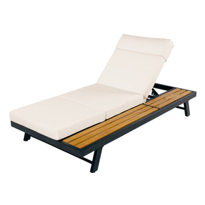 English Elm Black Iron and Acacia Teak Outdoor Chaise Lounge with Cushion for Patio Resort Style Cream N770P469100B_N770P285267C