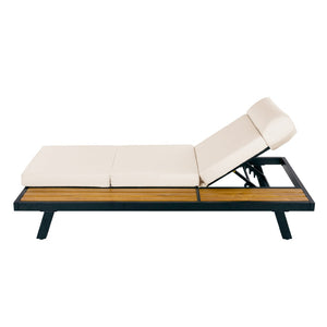 English Elm Black Iron and Acacia Teak Outdoor Chaise Lounge with Cushion for Patio Resort Style Cream N770P469100B_N770P285267C