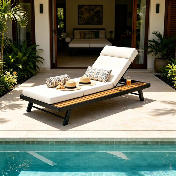English Elm Black Iron and Acacia Teak Outdoor Chaise Lounge with Cushion for Patio Resort Style Cream N770P469100B_N770P285267C