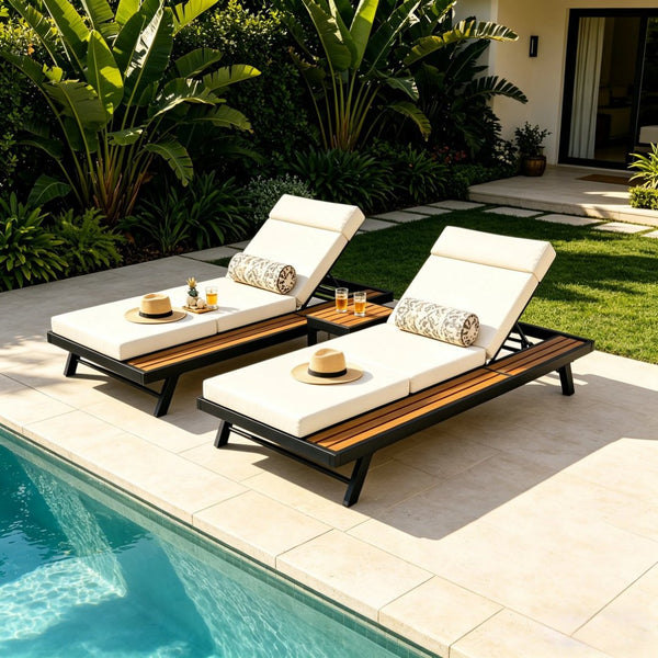 English Elm Black Iron and Acacia Teak Outdoor Chaise Lounge with Cushion for Patio Resort Style Cream N770P469100B_N770P285267C