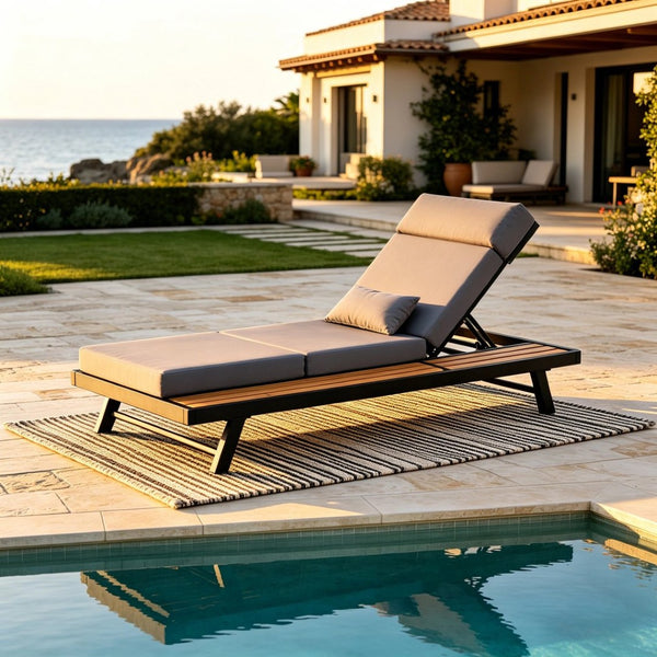 English Elm Black Iron and Acacia Teak Outdoor Chaise Lounge with Cushion for Patio Resort Style Dark Grey N770P469100B_N770P285267G