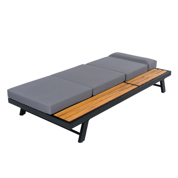 English Elm Black Iron and Acacia Teak Outdoor Chaise Lounge with Cushion for Patio Resort Style Dark Grey N770P469100B_N770P285267G