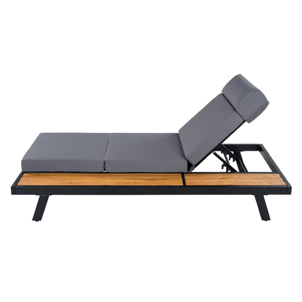 English Elm Black Iron and Acacia Teak Outdoor Chaise Lounge with Cushion for Patio Resort Style Dark Grey N770P469100B_N770P285267G