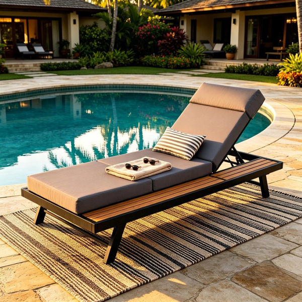 English Elm Black Iron and Acacia Teak Outdoor Chaise Lounge with Cushion for Patio Resort Style Dark Grey N770P469100B_N770P285267G