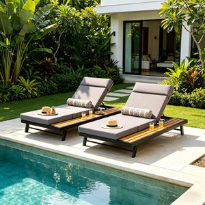 English Elm Black Iron and Acacia Teak Outdoor Chaise Lounge with Cushion for Patio Resort Style Dark Grey N770P469100B_N770P285267G