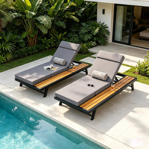 English Elm Black Iron and Acacia Teak Outdoor Chaise Lounge with Cushion for Patio Resort Style Dark Grey N770P469100B_N770P285267G