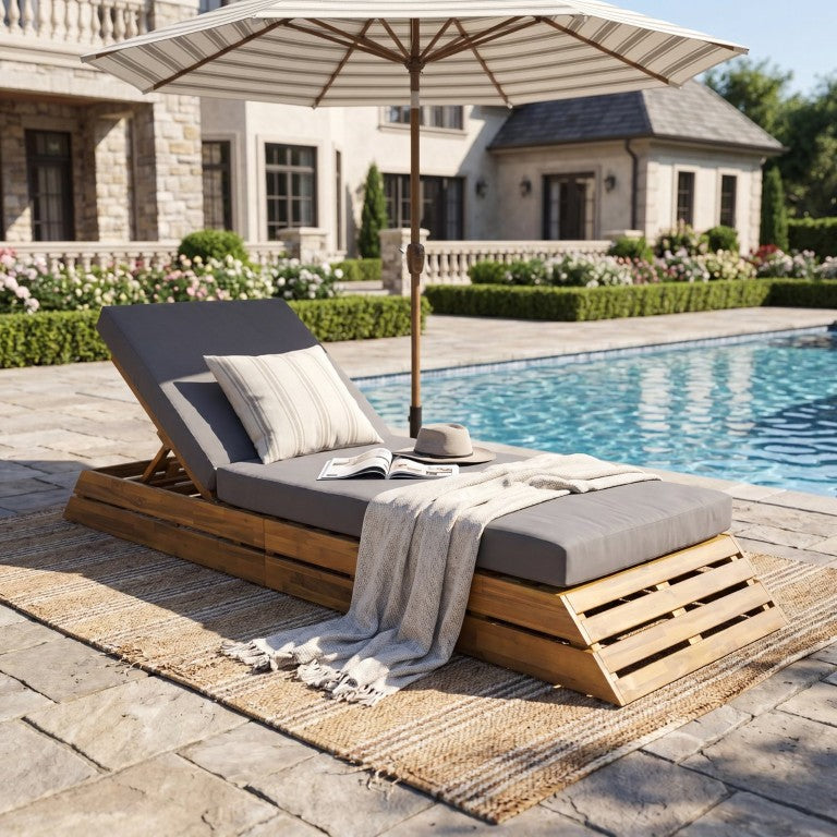 English Elm 1 Acacia Wood Outdoor Chaise Lounge Teak Finish Recliner with Cushion Patio Pool N770P471208T_65429.00CUSHDGRY