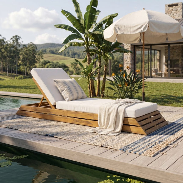English Elm 1 Acacia Wood Outdoor Chaise Lounge with Teak Finish Slatted Frame and Cushion N770P471208T_65429.00CUSH