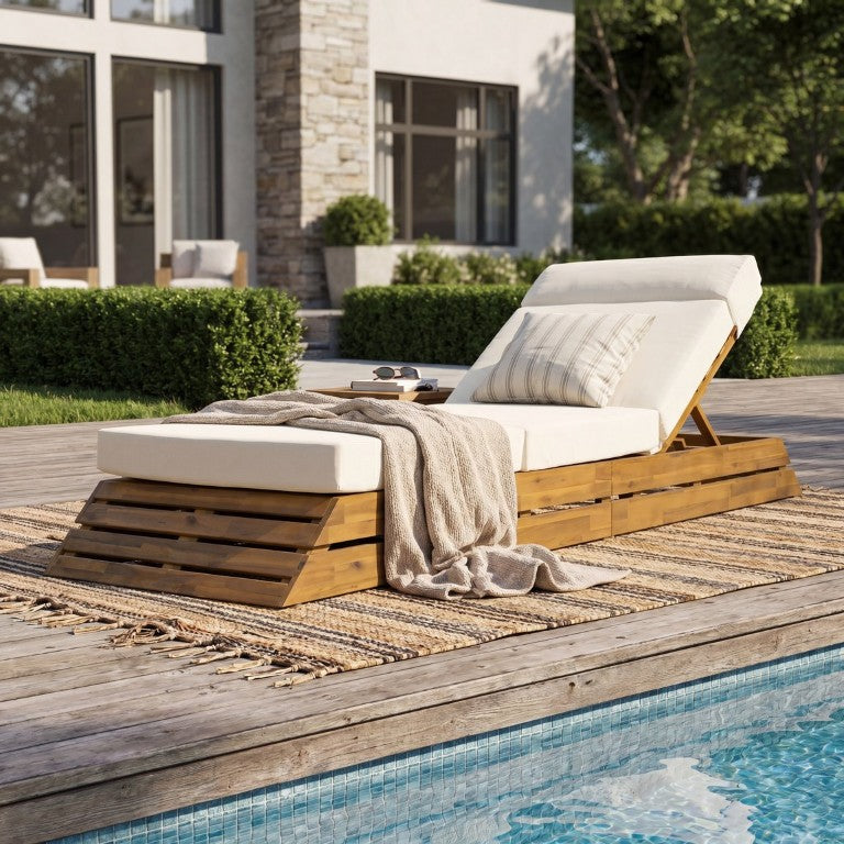 English Elm 1 Acacia Wood Outdoor Chaise Lounge with Teak Finish Cushion and Adjustable Backrest N770P471208T_N770P285267B