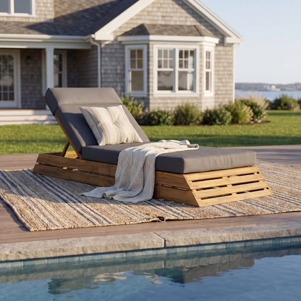 English Elm Black Iron Teak Patio Chaise Lounge with Adjustable Backrest and Thick Cushion Included Dark Grey / Teak 88.39 L x 27.17 W x 30.92 H N770P471208T_N770P285267G