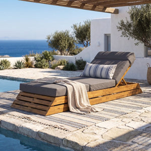 English Elm Black Iron Teak Patio Chaise Lounge with Adjustable Backrest and Thick Cushion Included Dark Grey / Teak 88.39 L x 27.17 W x 30.92 H N770P471208T_N770P285267G