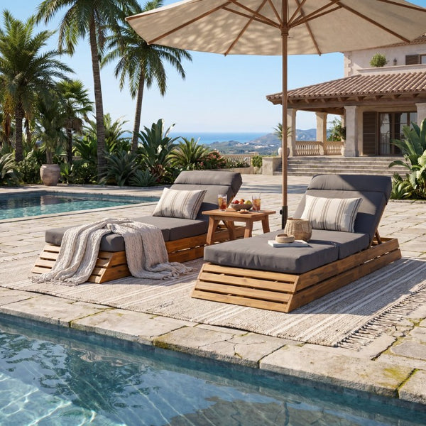English Elm Black Iron Teak Patio Chaise Lounge with Adjustable Backrest and Thick Cushion Included Dark Grey / Teak 88.39 L x 27.17 W x 30.92 H N770P471208T_N770P285267G