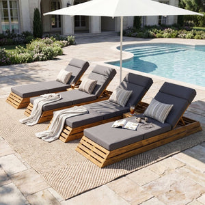 English Elm Black Iron Teak Patio Chaise Lounge with Adjustable Backrest and Thick Cushion Included Dark Grey / Teak 88.39 L x 27.17 W x 30.92 H N770P471208T_N770P285267G