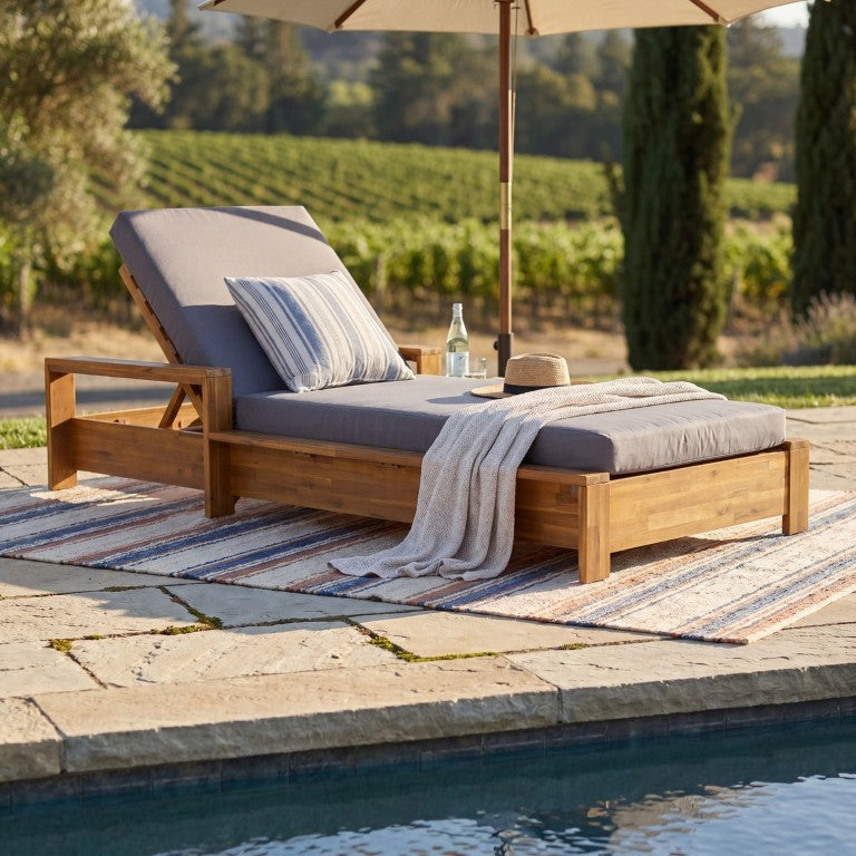 English Elm 1 Outdoor Acacia Chaise Lounge Teak Finish with Armrests and Adjustable Recline for Patio N770P471228T_65429.00CUSHDGRY