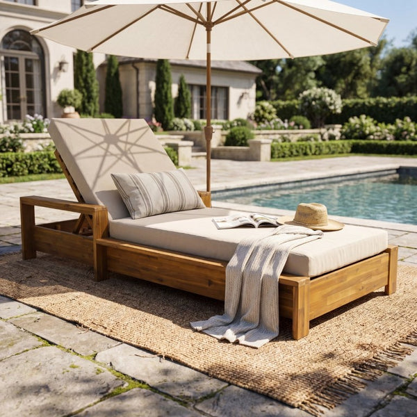 English Elm 1 Acacia Wood Outdoor Chaise Lounge with Teak Finish Cushioned Recliner for Patio N770P471228T_65429.00CUSH