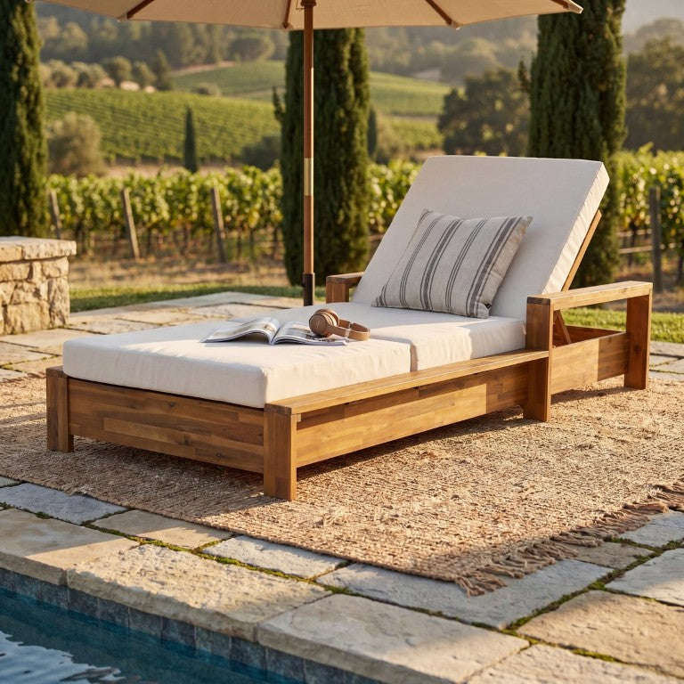 English Elm 1 Teak Finish Acacia Outdoor Chaise Lounge with Cushion for Poolside Patio N770P471228T_N770P208317C