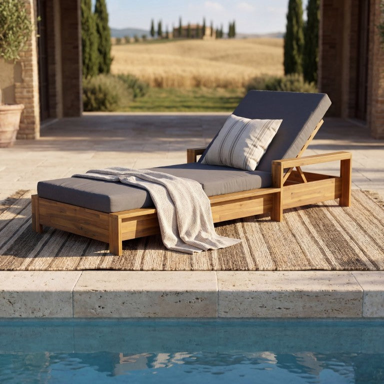 English Elm 1 Teak Finish Acacia Hardwood Patio Recliner Chaise Lounge with Grey Cushion Set N770P471228T_N770P208326G