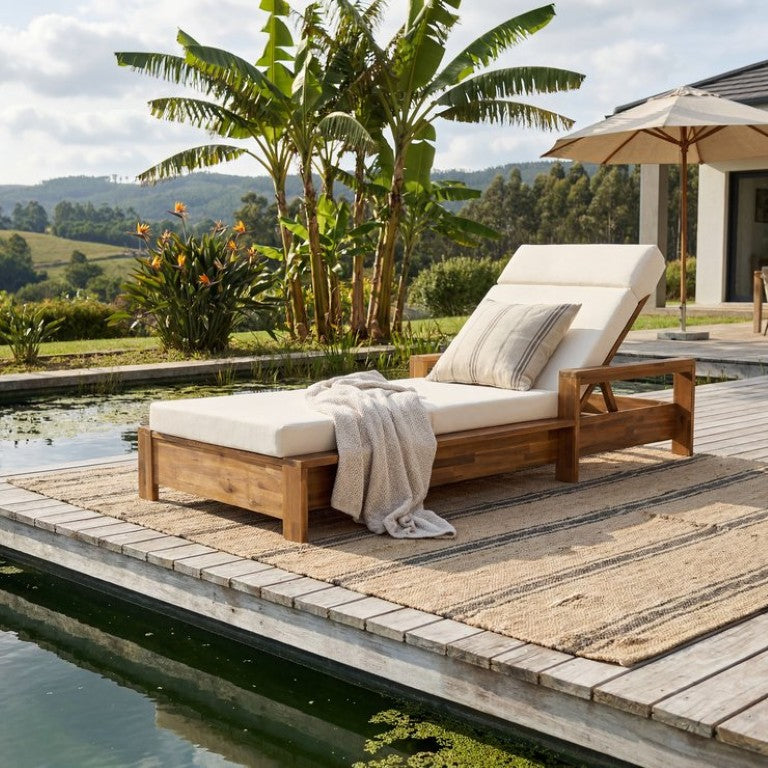 English Elm 1 Acacia Wood Outdoor Chaise Lounge with Teak Finish and Resort Style Poolside Appeal N770P471228T_N770P285267B