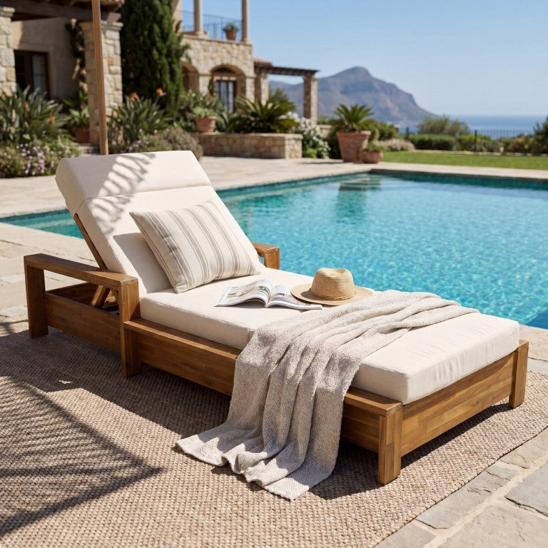 English Elm 1 Acacia Wood Outdoor Chaise Lounge Teak Finish Adjustable Backrest Pool Patio Set N770P471228T_N770P285267C