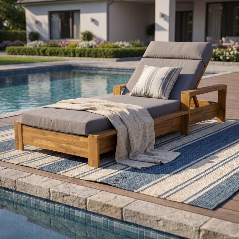 English Elm 1 Outdoor Acacia Wood Chaise Lounge with Teak Finish and Cushioned Headrest for Patio N770P471228T_N770P285267G