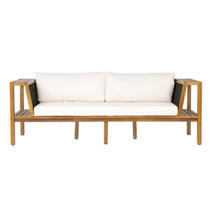 English Elm Black Iron Teak Patio Chaise Lounge with Adjustable Backrest and Thick Cushion Included Black / Cream / Teak 76.77 L x 27.05 W x 29.93 H N770P471776C