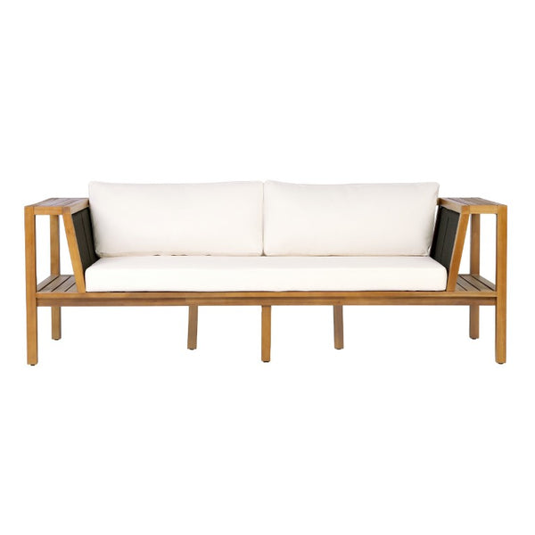 English Elm Black Iron Teak Patio Chaise Lounge with Adjustable Backrest and Thick Cushion Included Black / Cream / Teak 76.77 L x 27.05 W x 29.93 H N770P471776C