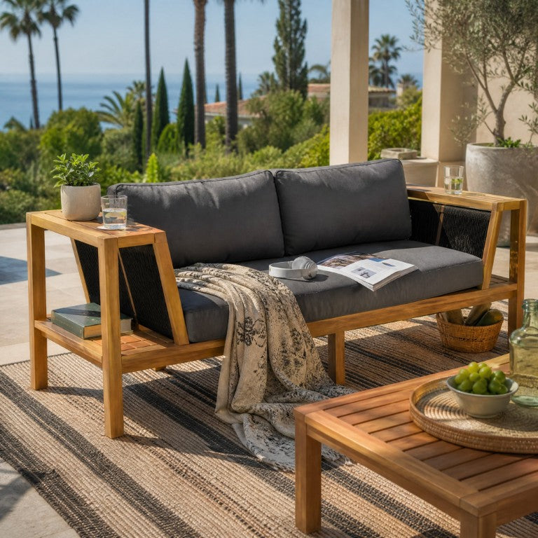 English Elm Teak Acacia Outdoor Daybed Sofa with Hand Woven Rope Panels and Resort Style Cushions N770P471776G