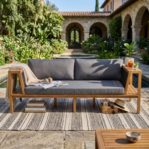 English Elm Teak Acacia Outdoor Daybed Sofa with Hand Woven Rope Panels and Resort Style Cushions N770P471776G