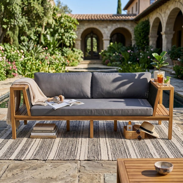 English Elm Teak Acacia Outdoor Daybed Sofa with Hand Woven Rope Panels and Resort Style Cushions N770P471776G