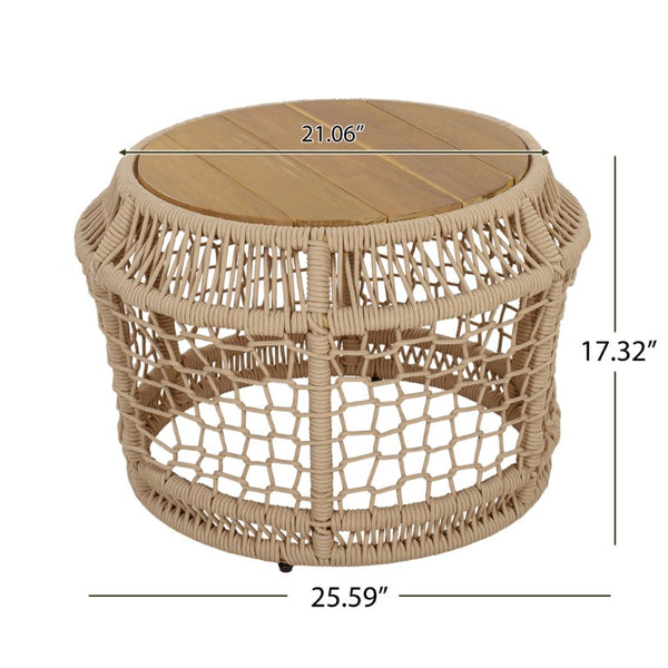 English Elm Round Acacia Wood Accent Table with Handwoven Rope Frame for Patio or Living Room Light Beige / Teak 25.59 x 21.06 x 17.32 N770P472281B
