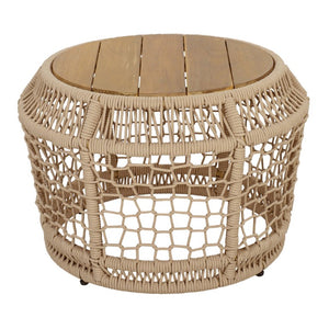 English Elm Round Acacia Wood Accent Table with Handwoven Rope Frame for Patio or Living Room Light Beige / Teak 25.59 x 21.06 x 17.32 N770P472281B