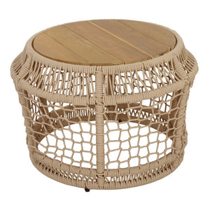 English Elm Round Acacia Wood Accent Table with Handwoven Rope Frame for Patio or Living Room Light Beige / Teak 25.59 x 21.06 x 17.32 N770P472281B