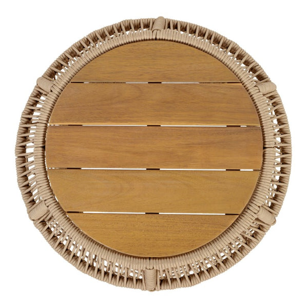English Elm Round Acacia Wood Accent Table with Handwoven Rope Frame for Patio or Living Room Light Beige / Teak 25.59 x 21.06 x 17.32 N770P472281B