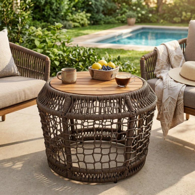 English Elm Round Acacia Top Side Table with Handwoven Rope Base for Patio or Living Room N770P472281G
