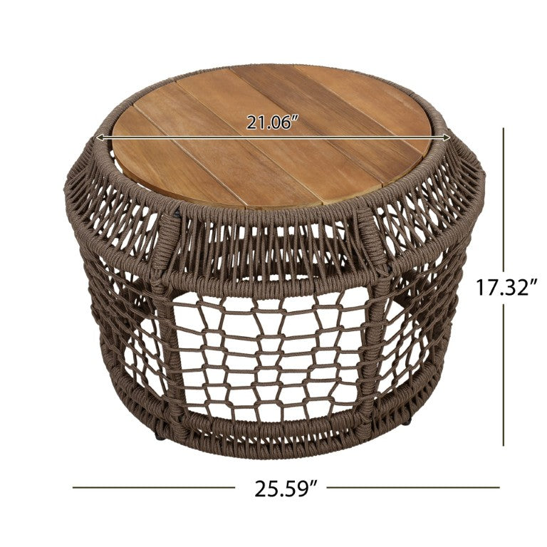 English Elm Round Acacia Top Side Table with Handwoven Rope Base for Patio or Living Room N770P472281G
