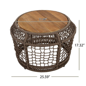 English Elm Round Acacia Top Side Table with Handwoven Rope Base for Patio or Living Room N770P472281G