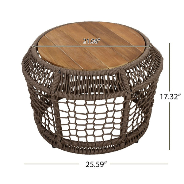 English Elm Round Acacia Top Side Table with Handwoven Rope Base for Patio or Living Room N770P472281G