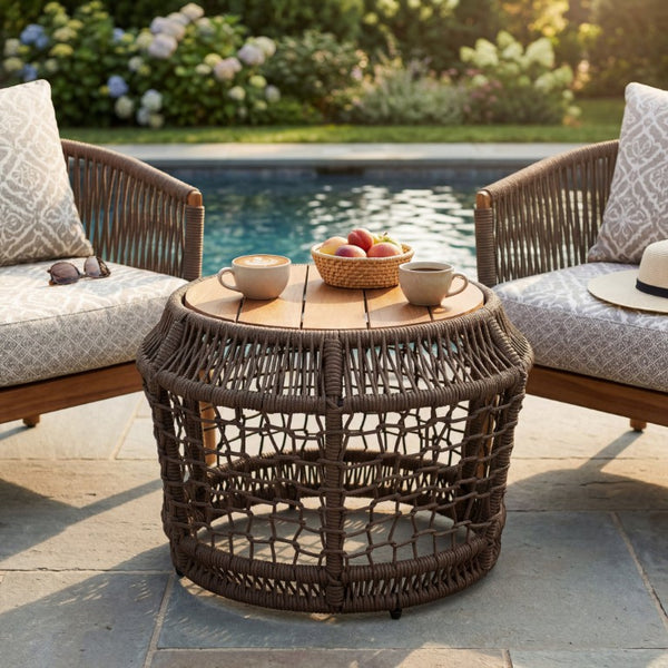English Elm Round Acacia Top Side Table with Handwoven Rope Base for Patio or Living Room N770P472281G