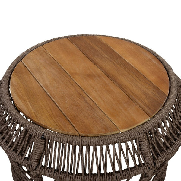 English Elm Round Acacia Top Side Table with Handwoven Rope Base for Patio or Living Room N770P472281G