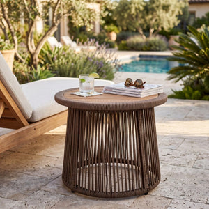 English Elm Conical Rope Weave Accent Table Teak Acacia Top Bohemian Patio or Living Room N770P472282D