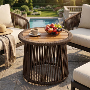 English Elm Conical Rope Weave Accent Table Teak Acacia Top Bohemian Patio or Living Room N770P472282D
