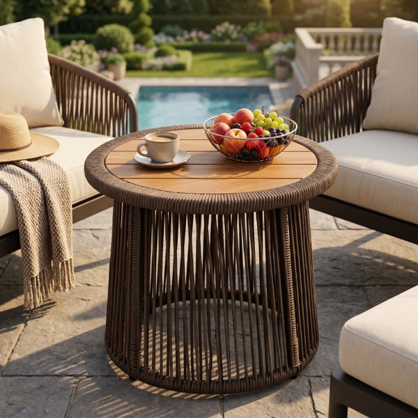 English Elm Conical Rope Weave Accent Table Teak Acacia Top Bohemian Patio or Living Room N770P472282D
