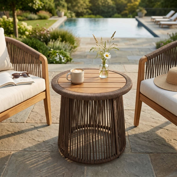 English Elm Conical Rope Weave Accent Table Teak Acacia Top Bohemian Patio or Living Room N770P472282D