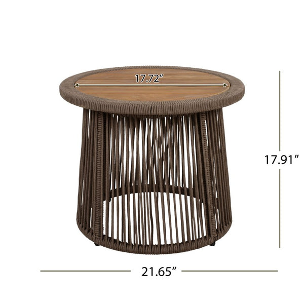 English Elm Conical Rope Weave Accent Table Teak Acacia Top Bohemian Patio or Living Room N770P472282D