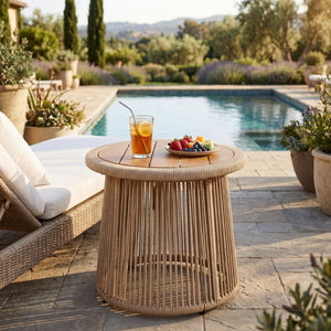 English Elm Conical Rope Woven Accent Table with Teak Acacia Top for Patio or Living Room N770P472282L