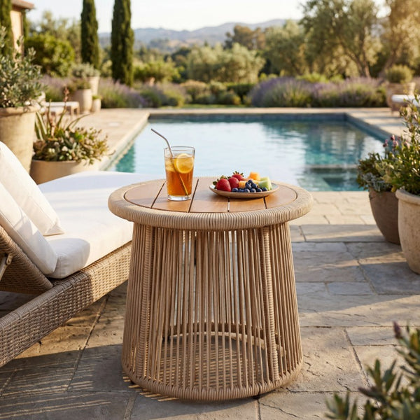 English Elm Conical Rope Woven Accent Table with Teak Acacia Top for Patio or Living Room N770P472282L
