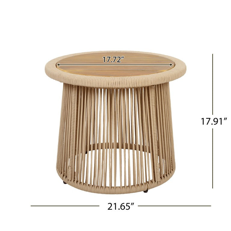 English Elm Conical Rope Woven Accent Table with Teak Acacia Top for Patio or Living Room N770P472282L