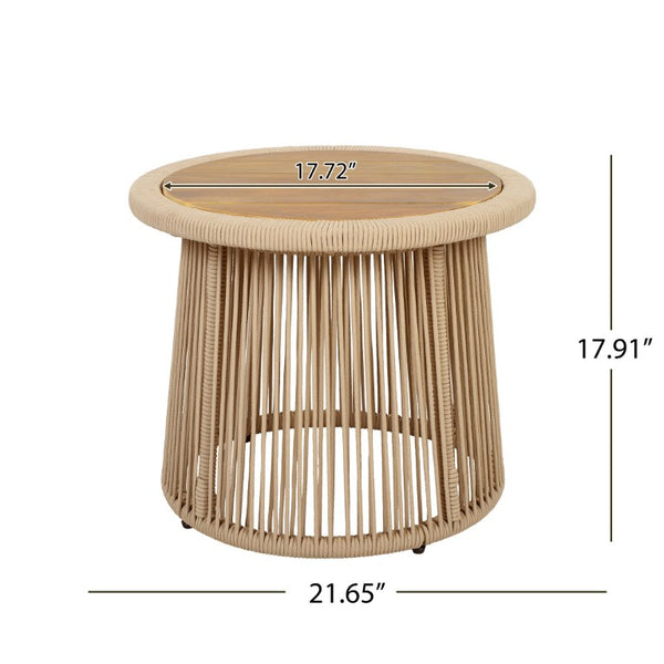 English Elm Conical Rope Woven Accent Table with Teak Acacia Top for Patio or Living Room N770P472282L