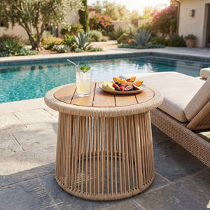 English Elm Conical Rope Woven Accent Table with Teak Acacia Top for Patio or Living Room N770P472282L