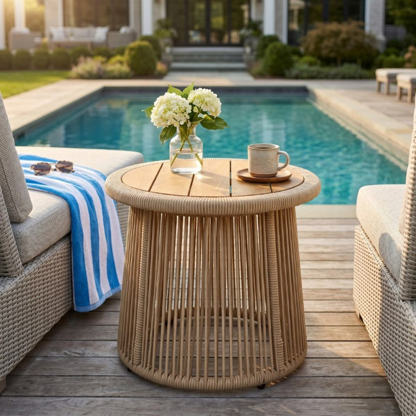 English Elm Conical Rope Woven Accent Table with Teak Acacia Top for Patio or Living Room N770P472282L